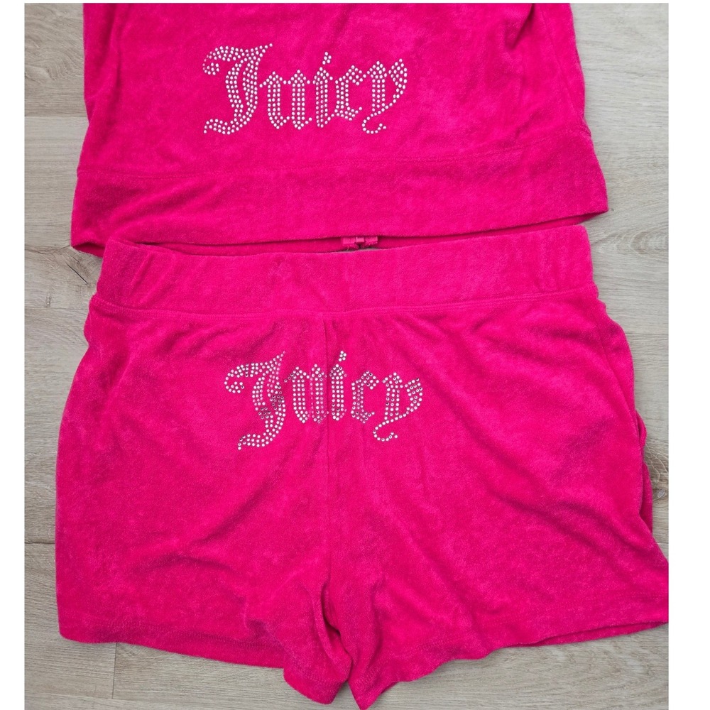 Juicy Couture Vixen Pink Terry Hoodie and Shorts Set Rhinestone Logo size Large - Picture 7 of 12